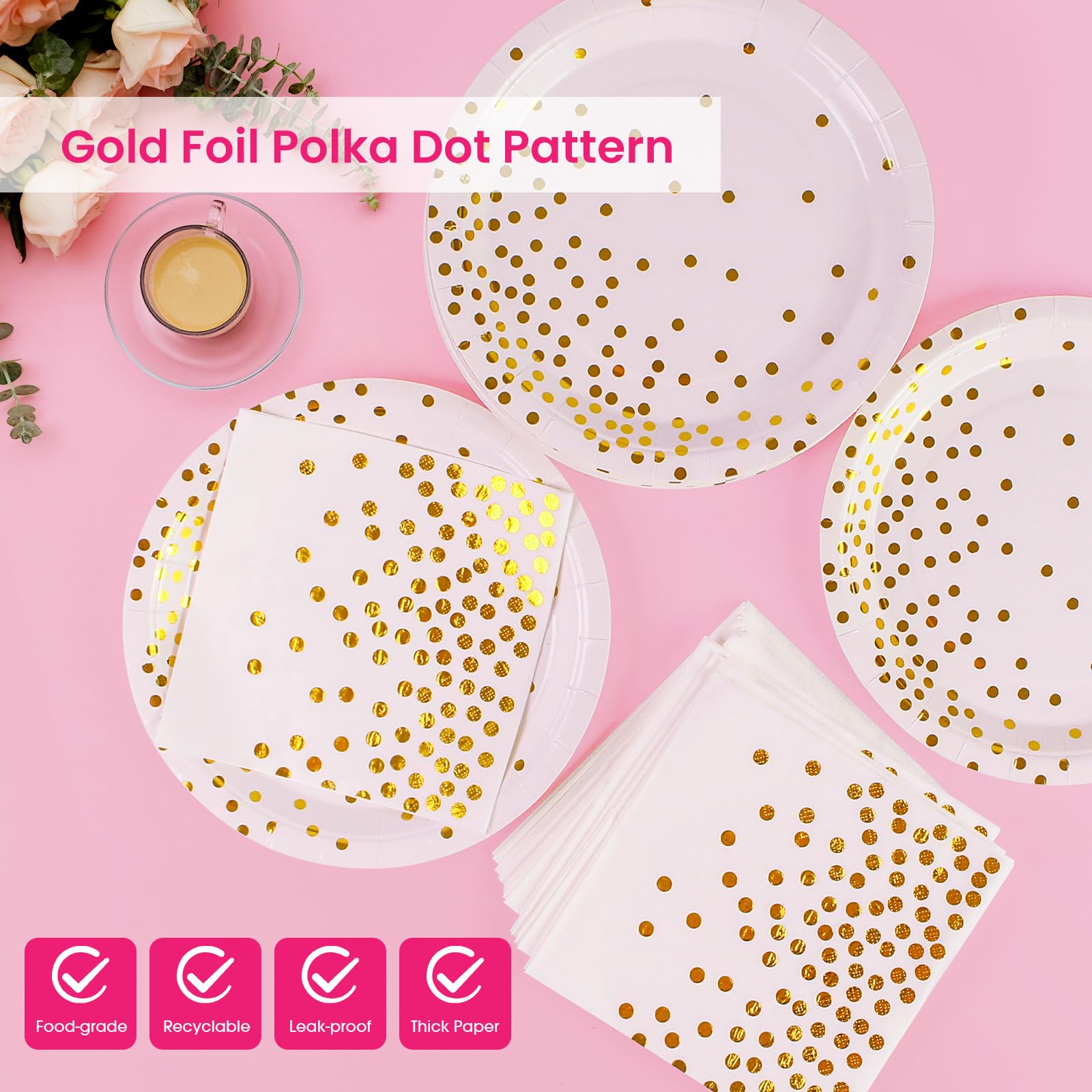 50Pcs White and Gold Dinner Plates and Napkins, 9 Inch Gold Foil Dot Dessert Plates with Napkins for Birthdays, Weddings and New Year, Serves 25