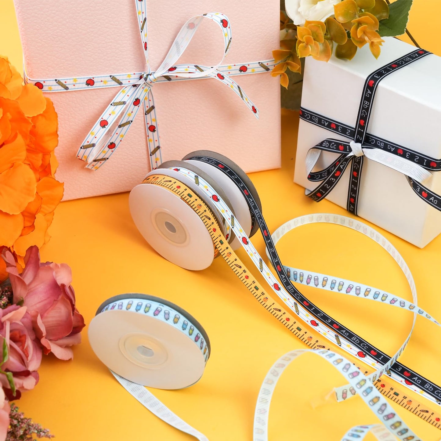 4 Rolls Back to School Ribbon for Crafts Wreath Bows Teacher Ribbon Ruler Ribbons for Wrapping Teacher Appreciation Gift School Theme Grosgrain Ribbons for DIY Supplies Party Supplies
