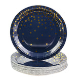 EVYIENEN 50 Pack Deep Blue and Gold Paper Plates, 7inch Metallic Foil Polka Dots Disposable Dessert Party Party Supplies Plates for Graduation Birthday Cocktail Party Weddings Holiday Christmas