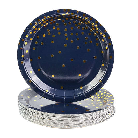 EVYIENEN 50 Pack Deep Blue and Gold Paper Plates, 7inch Metallic Foil Polka Dots Disposable Dessert Party Party Supplies Plates for Graduation Birthday Cocktail Party Weddings Holiday Christmas