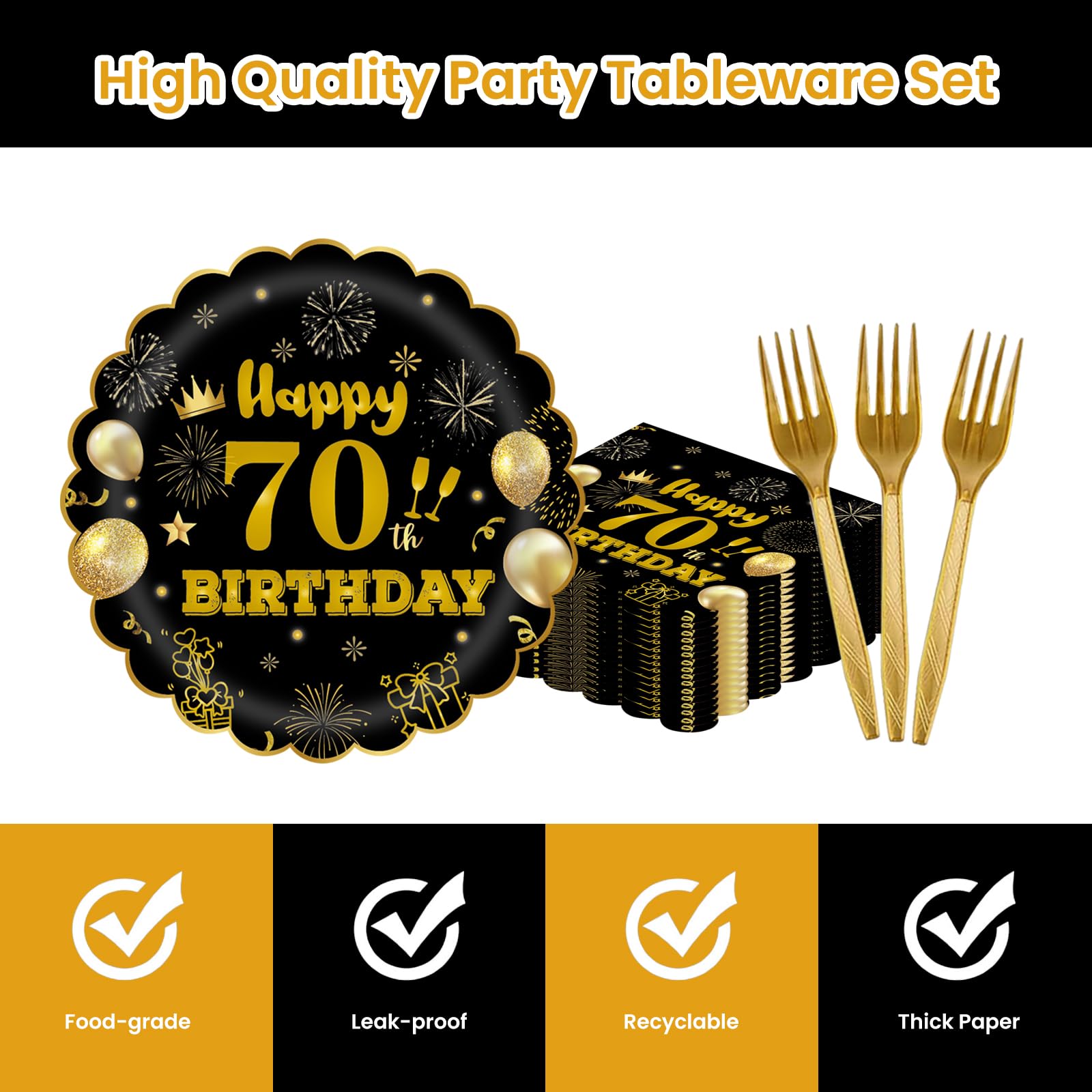 EVYIENEN 75 PCS 70th Birthday Party Supplies Paper Plates and Napkins,Black and Gold 70th Birthday Plates Napkins Tableware Set for Boys Girls Tableware Set Decorations