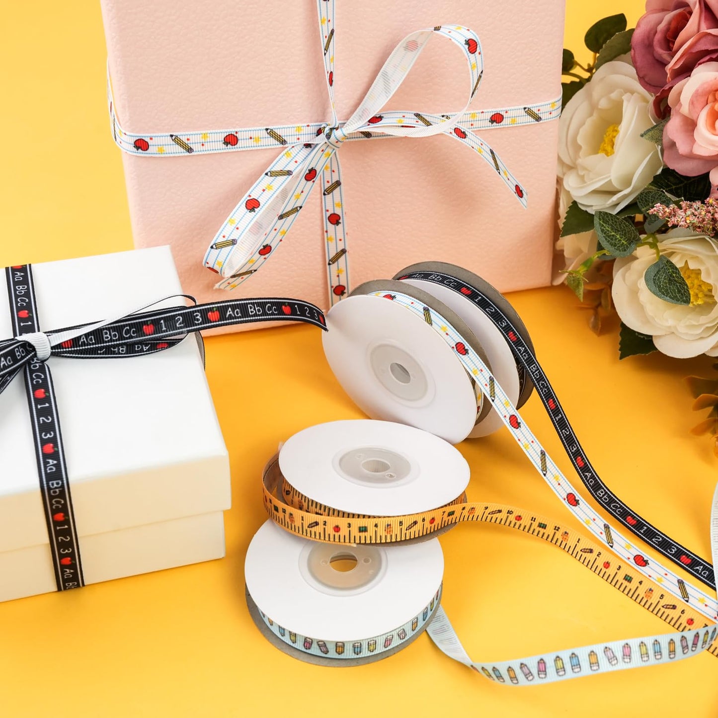 4 Rolls Back to School Ribbon for Crafts Wreath Bows Teacher Ribbon Ruler Ribbons for Wrapping Teacher Appreciation Gift School Theme Grosgrain Ribbons for DIY Supplies Party Supplies