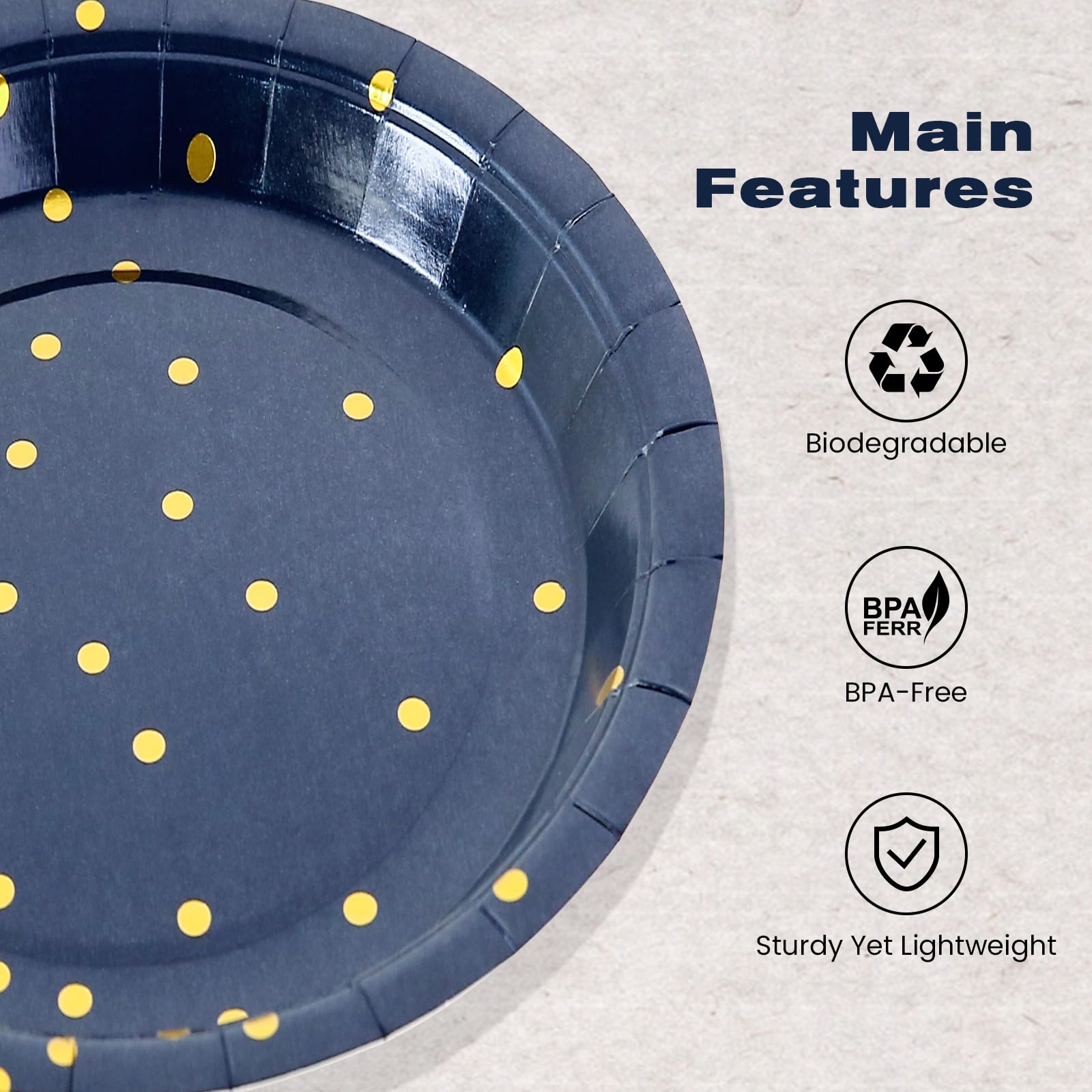 EVYIENEN 50 Pack Deep Blue and Gold Paper Plates, 7inch Metallic Foil Polka Dots Disposable Dessert Party Party Supplies Plates for Graduation Birthday Cocktail Party Weddings Holiday Christmas