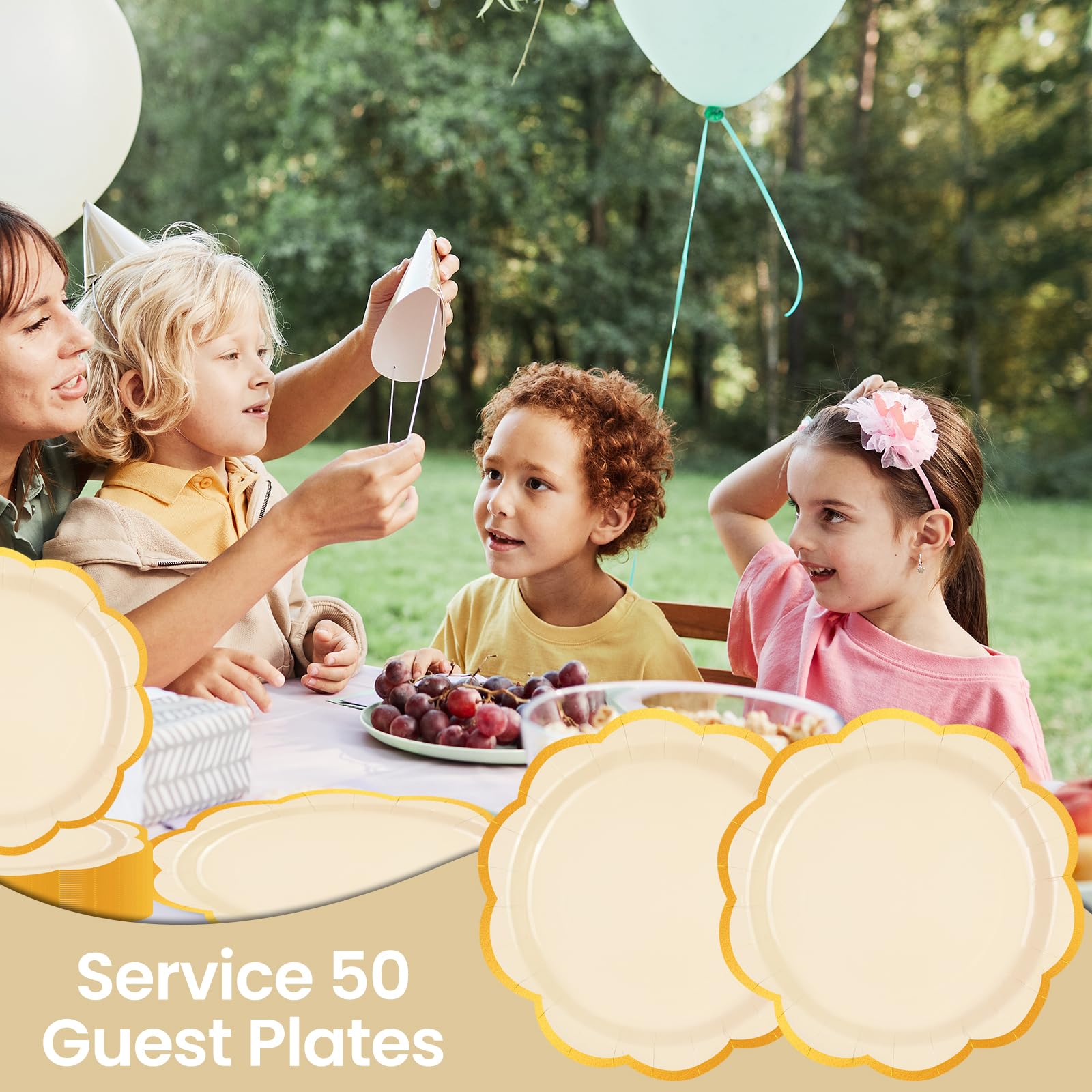 50 Pcs Yellow Scalloped Paper Plates – 7 Inch Gold Foil Dessert Plates for Birthdays, Baby Showers & Summer Parties