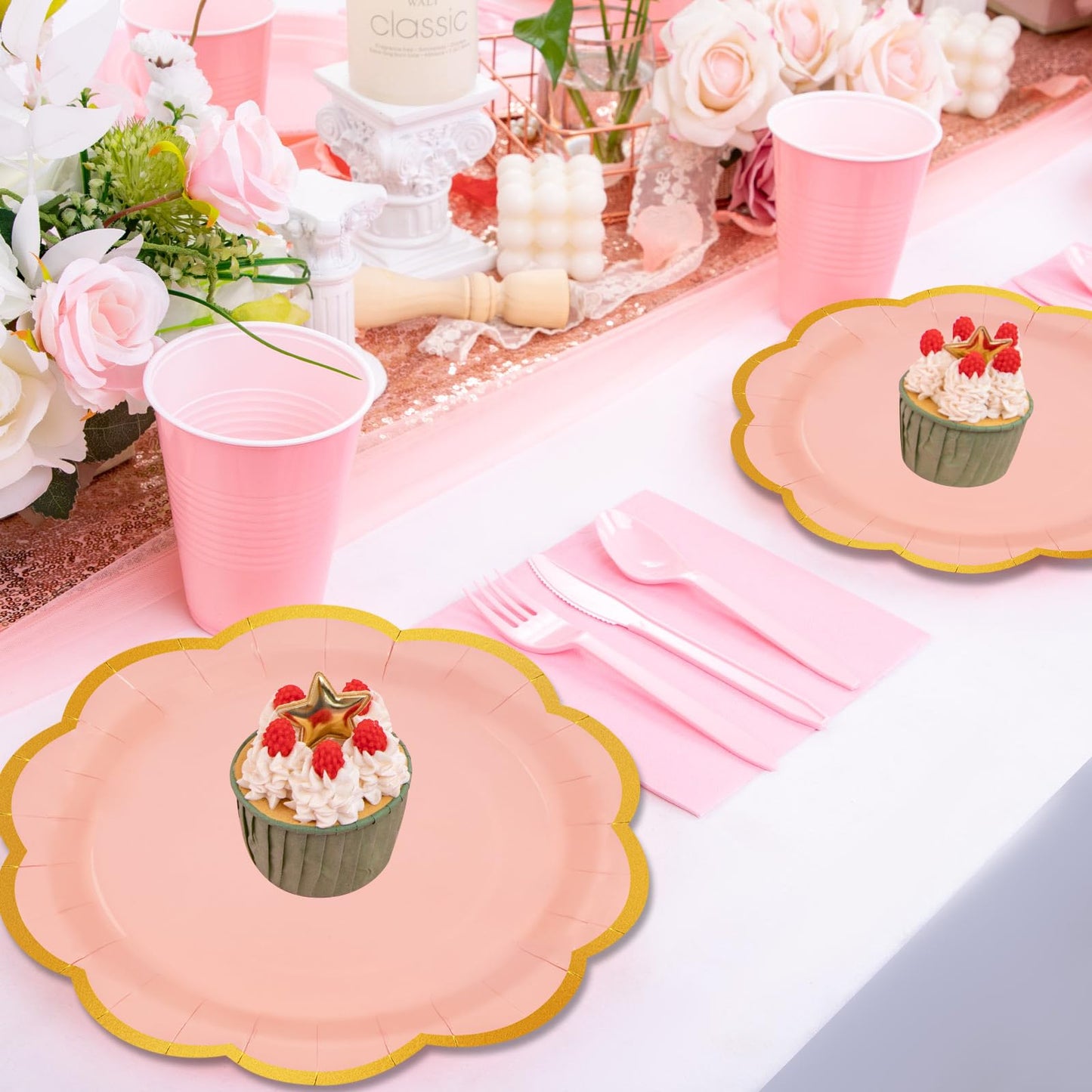 EVYIENEN 50 Pcs Pink Paper Plates,7 Inches Gold Foil Disposable Scalloped Paper Party Plates for Cake Dessert Halloween Fall Thanksgiving Birthday Wedding Baby Shower Party Decorations
