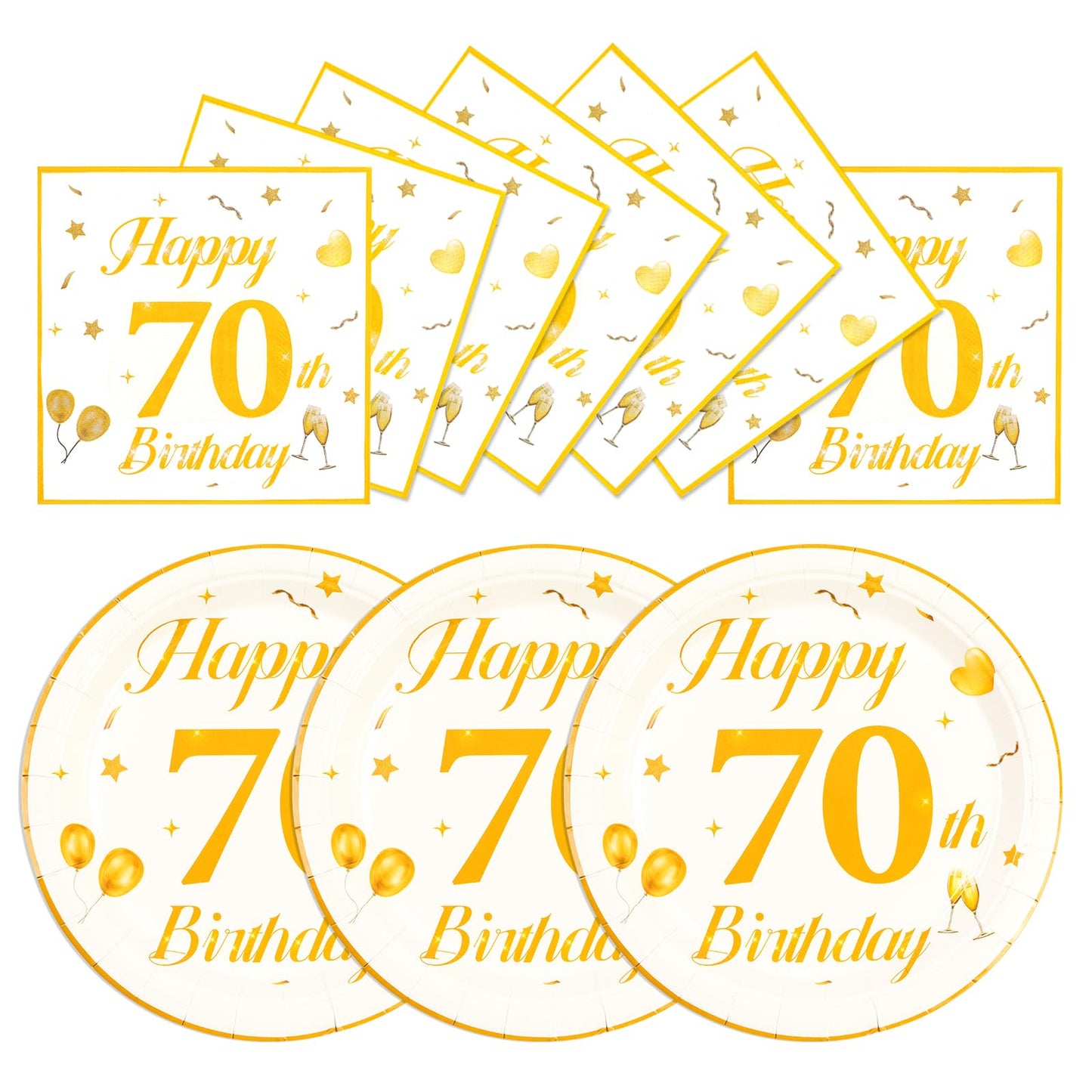 EVYIENEN 50PCS 70th Happy Birthday Plates and Napkins,7 Inch Premium Wihte and Gold Birthday Dessert Cake Plates Party and Cocktail Napkin for Men and WomenTable Anniversary Decoration