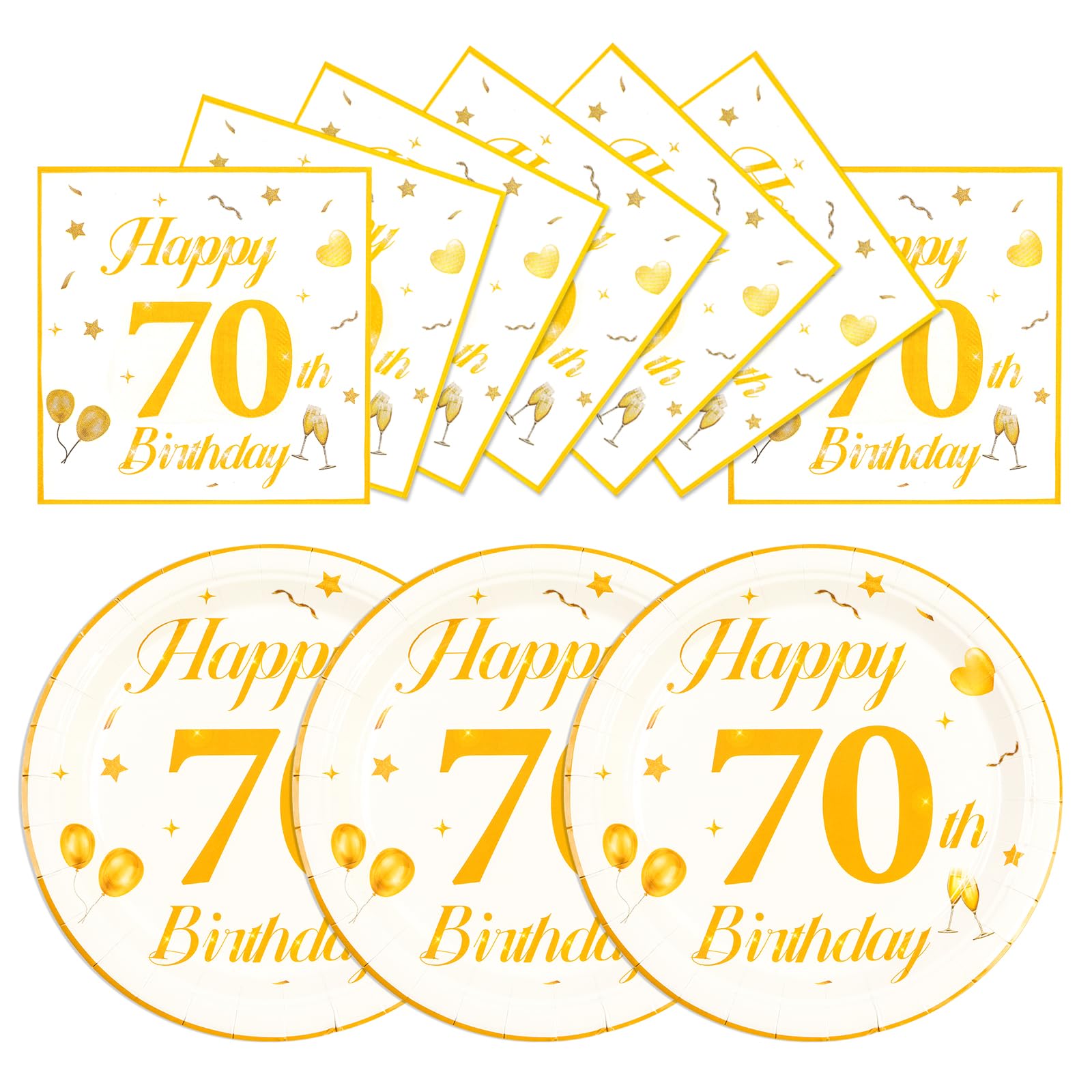 EVYIENEN 50PCS 70th Happy Birthday Plates and Napkins,7 Inch Premium Wihte and Gold Birthday Dessert Cake Plates Party and Cocktail Napkin for Men and WomenTable Anniversary Decoration