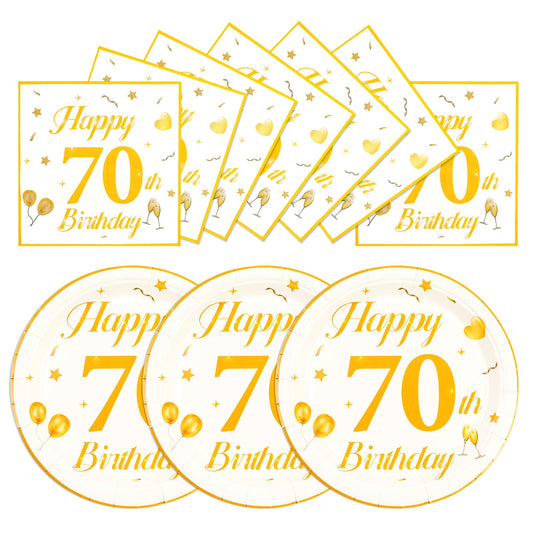EVYIENEN 50PCS 70th Happy Birthday Plates and Napkins,7 Inch Premium Wihte and Gold Birthday Dessert Cake Plates Party and Cocktail Napkin for Men and WomenTable Anniversary Decoration