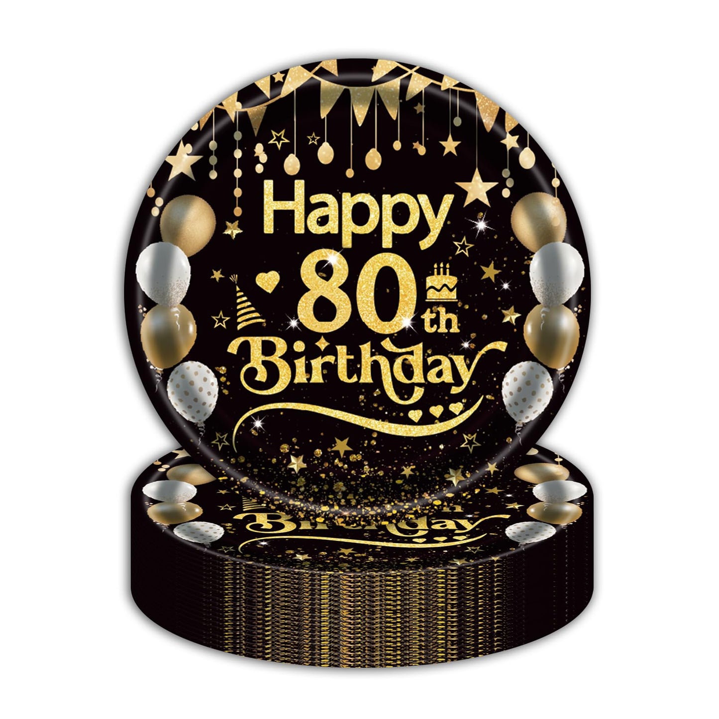 50Pcs 80th Birthday Paper Plates, 9 Inch Black and Gold Disposable Dessert Plates for Men and Women, 80th Birthday and Wedding Party