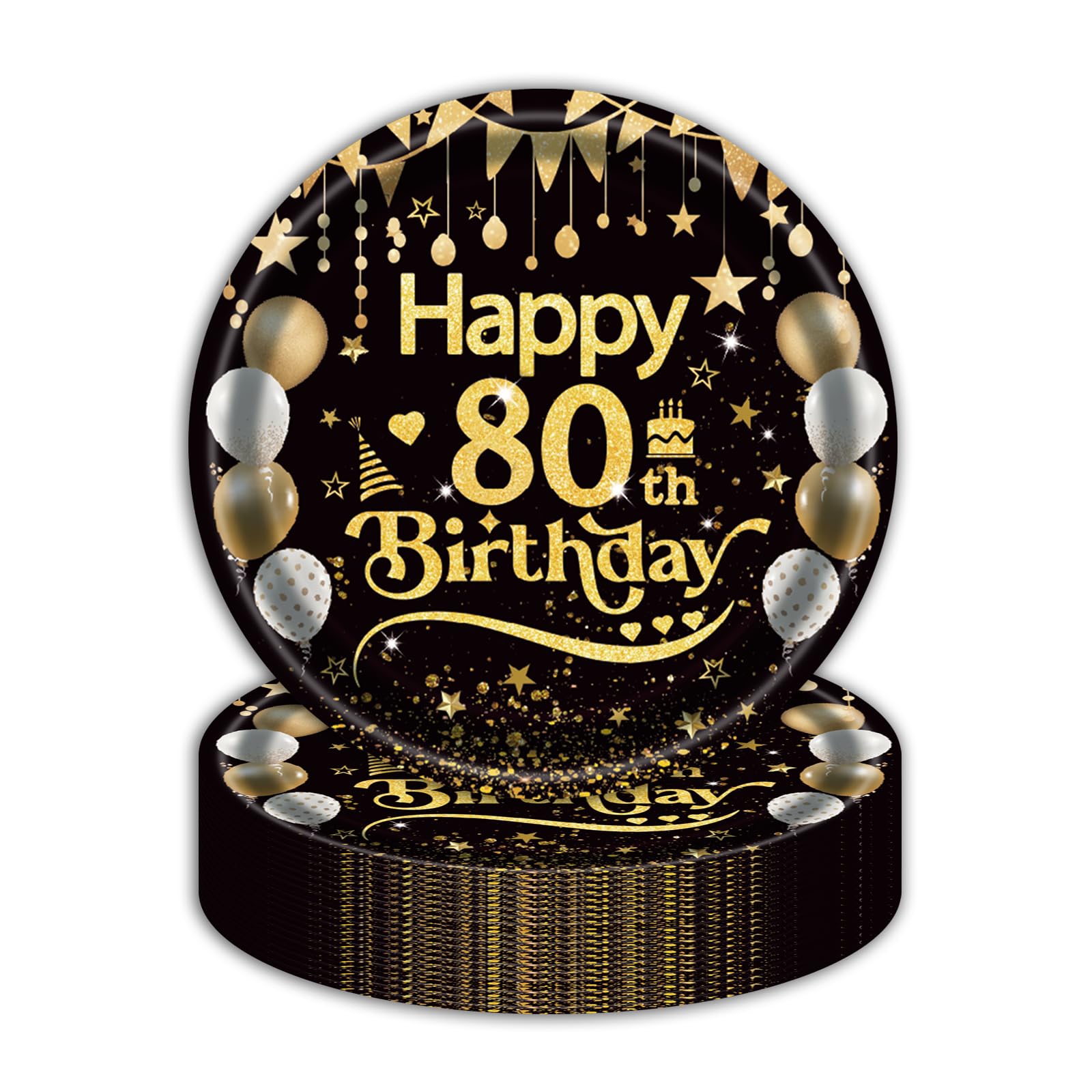 50Pcs 80th Birthday Paper Plates, 9 Inch Black and Gold Disposable Dessert Plates for Men and Women, 80th Birthday and Wedding Party