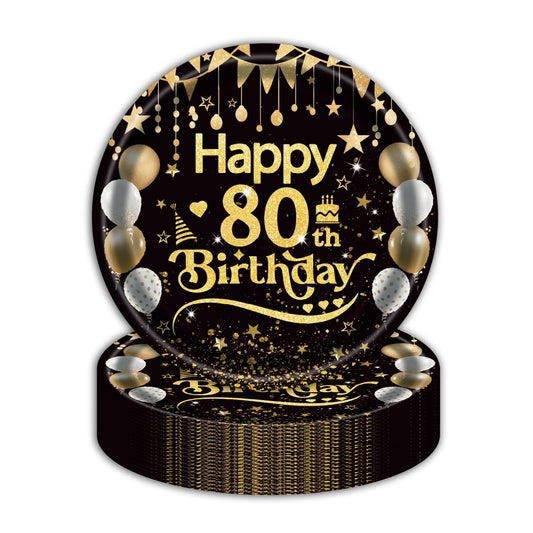 50Pcs 80th Birthday Paper Plates, 9 Inch Black and Gold Disposable Dessert Plates for Men and Women, 80th Birthday and Wedding Party