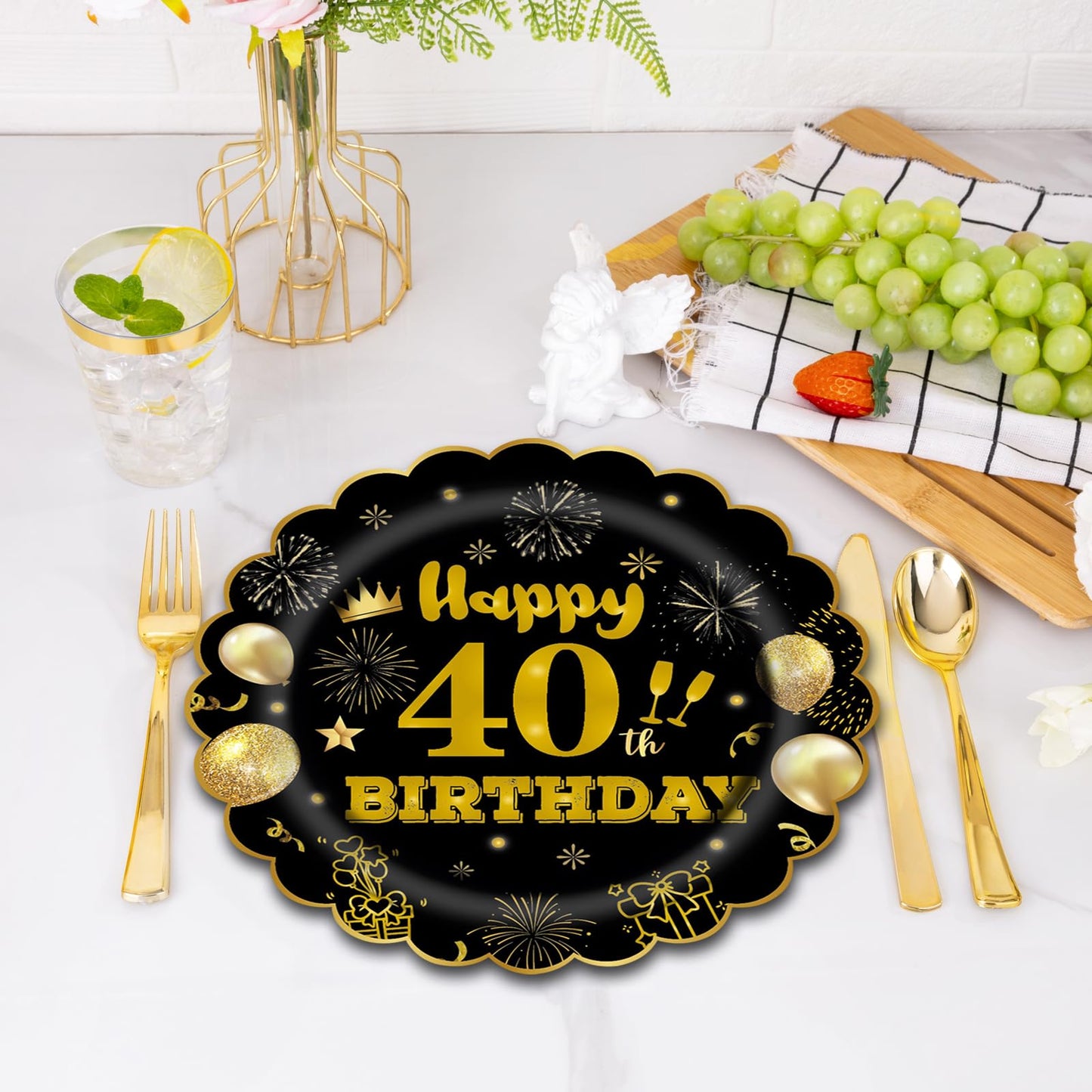 EVYIENEN 50Pcs 50th Birthday Party Paper Plates and Napkins,25 x 7inch Black and Gold Scalloped Dessert Plates Party and 25 x 6.5inch Cocktail Napkins for Birthday Wedding Anniversary Decorations