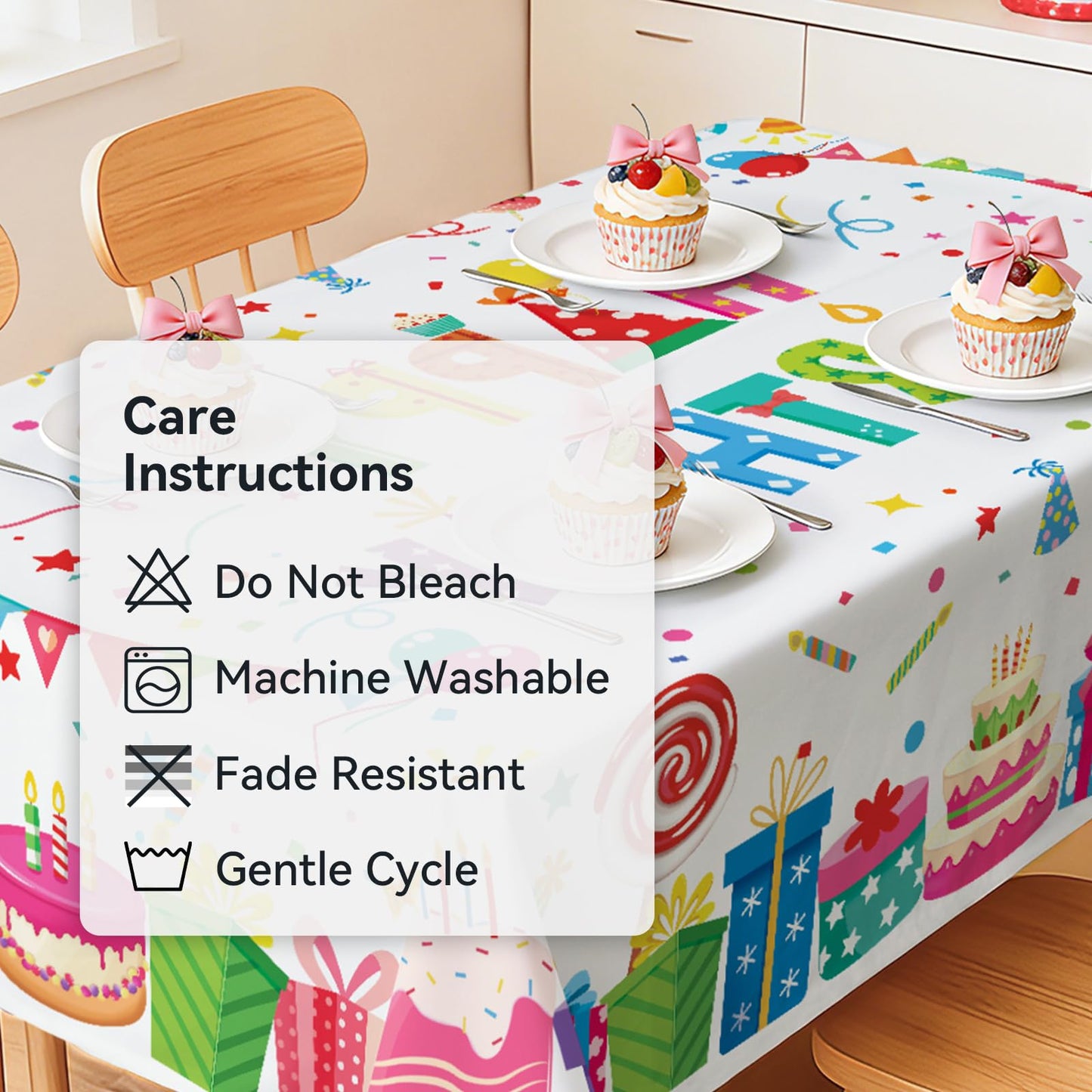 hometrixx Birthday Table Cloth Rectangle Happy Birthday Gifts Cake Washable Wipeable Polyester Table Cover Stain Wrinkle Resistant Oil Proof Kitchen Decor for Party Dinner Picnic,60x84inch White