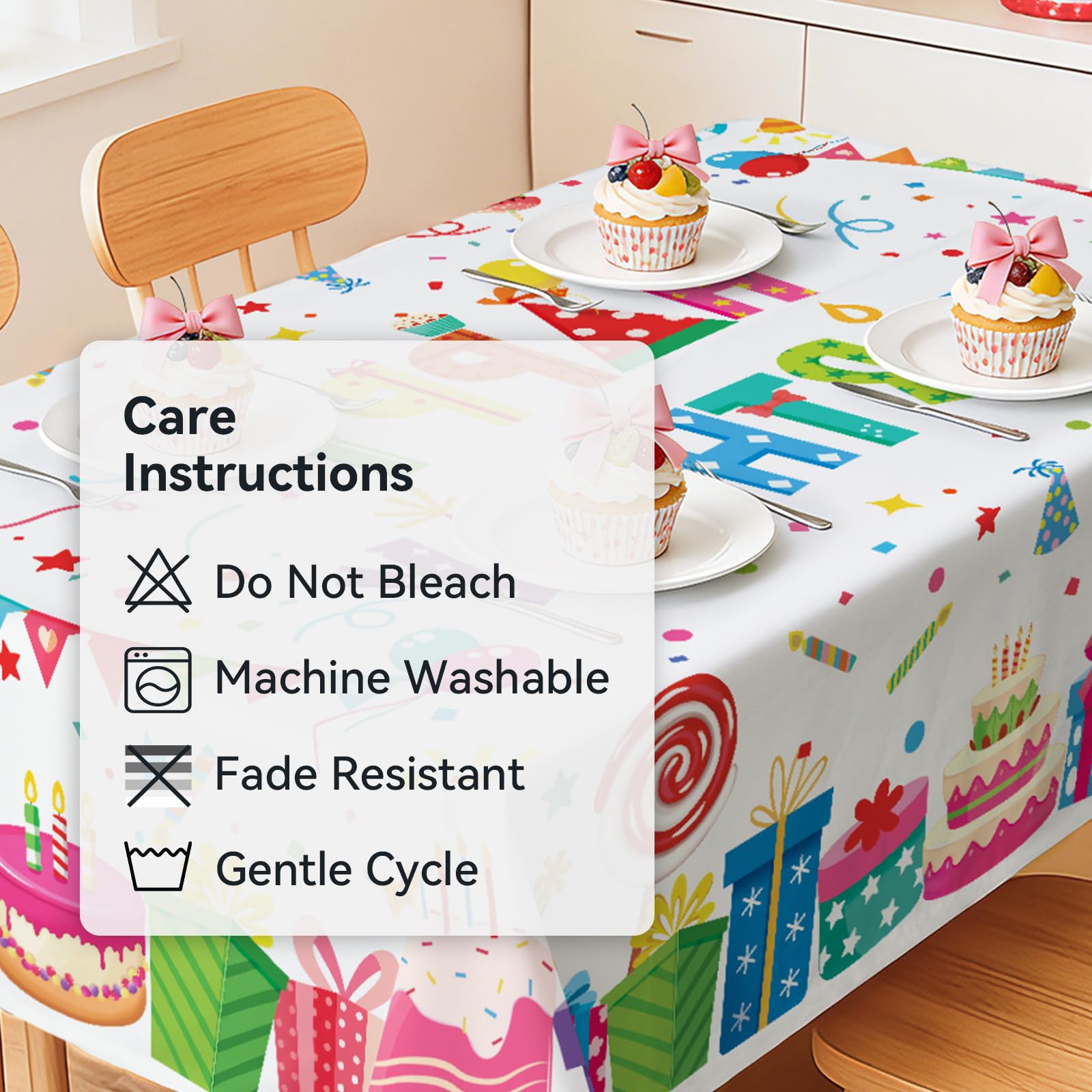 hometrixx Birthday Table Cloth Rectangle Happy Birthday Gifts Cake Washable Wipeable Polyester Table Cover Stain Wrinkle Resistant Oil Proof Kitchen Decor for Party Dinner Picnic,60x84inch White