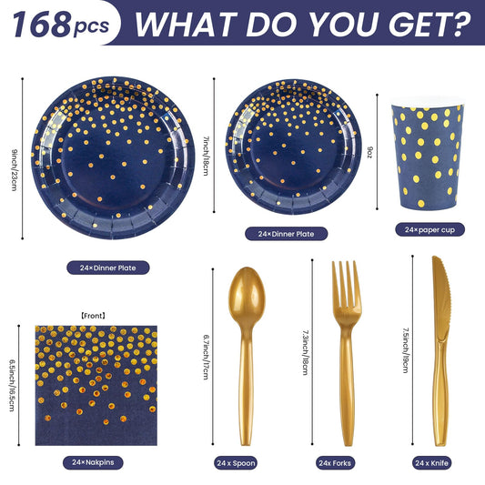 168PCS Blue and Gold Party Supplies,Disposable Party Decorations Paper Plates Napkins Cups Plastic Forks Knives Spoons for Birthday New Year Wedding,Serve 24