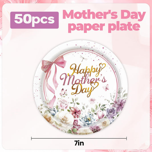 EVYIENEN 50PCS Happy Mother's Day Paper Plates - Colorful Wildflowers 7Inch Dessert Plates, Disposable Floral Theme Dinner Decorations for Mother's Day Birthday Party Supplies