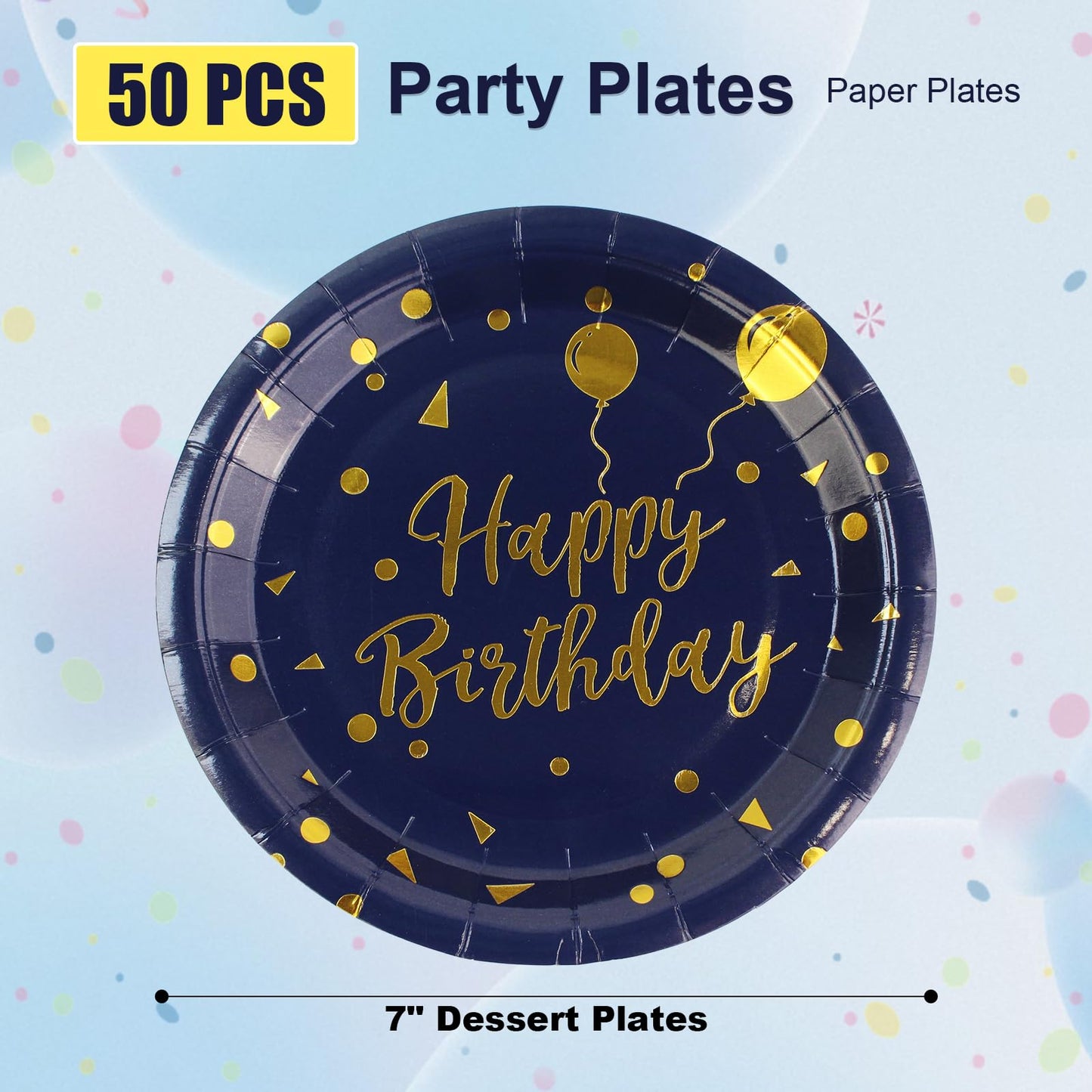 EVYIENEN 50 Pack Disposable Paper Plates 7 inch Dark Blue Gold Happy Birthday Metallic Foil Polka Dots Dessert Party Plates for Graduation Birthday Cocktail Party Weddings Holiday Christmas