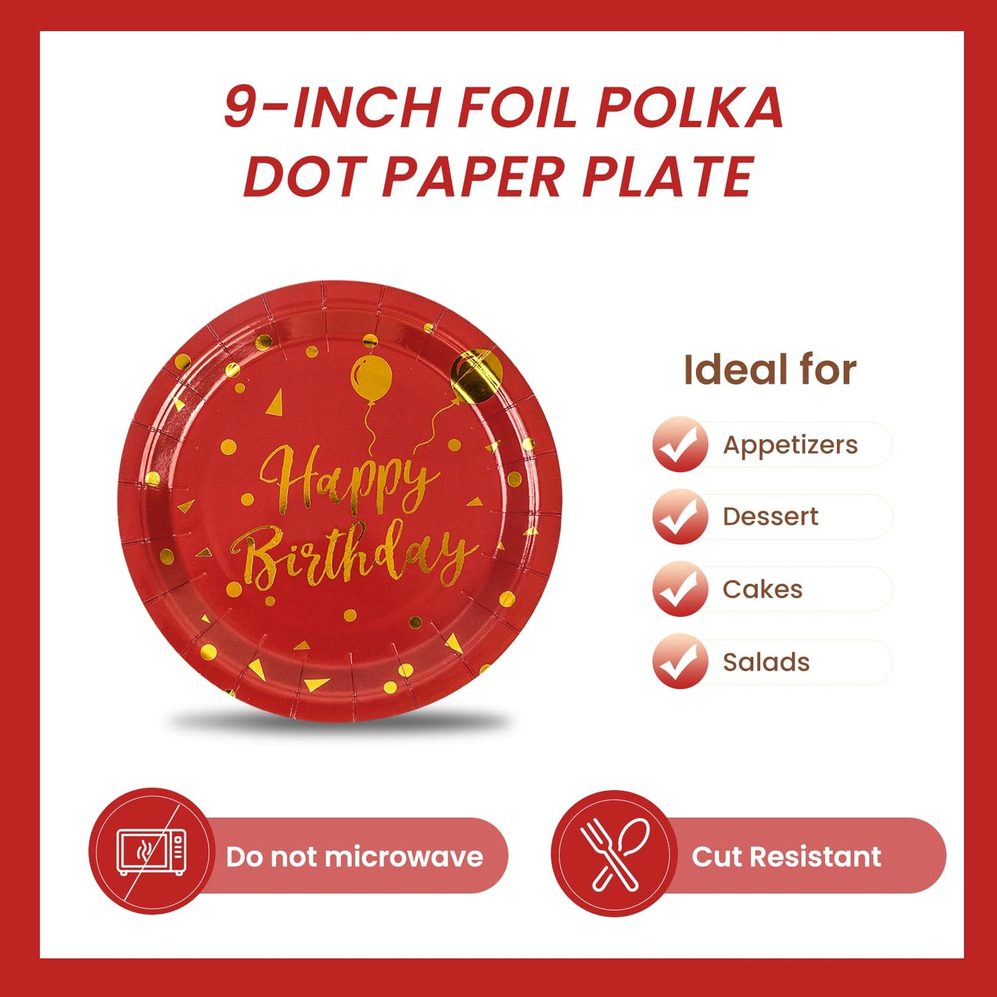 EVYIENEN 50PCS Happy Birthday Red and Gold Paper Plates, 9 inch Metallic Foil Polka Dots Disposable Dessert Party Plates Party Supplies for Graduation Birthday Cocktail Weddings Holiday