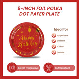 EVYIENEN 50PCS Happy Birthday Red and Gold Paper Plates, 9 inch Metallic Foil Polka Dots Disposable Dessert Party Plates Party Supplies for Graduation Birthday Cocktail Weddings Holiday