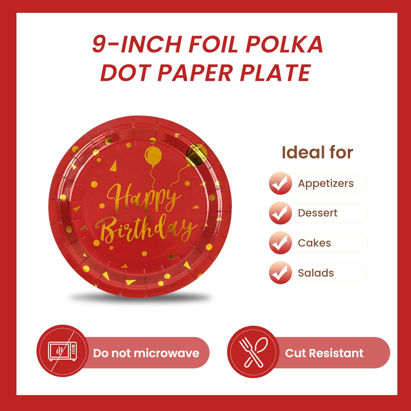 EVYIENEN 50PCS Happy Birthday Red and Gold Paper Plates, 9 inch Metallic Foil Polka Dots Disposable Dessert Party Plates Party Supplies for Graduation Birthday Cocktail Weddings Holiday