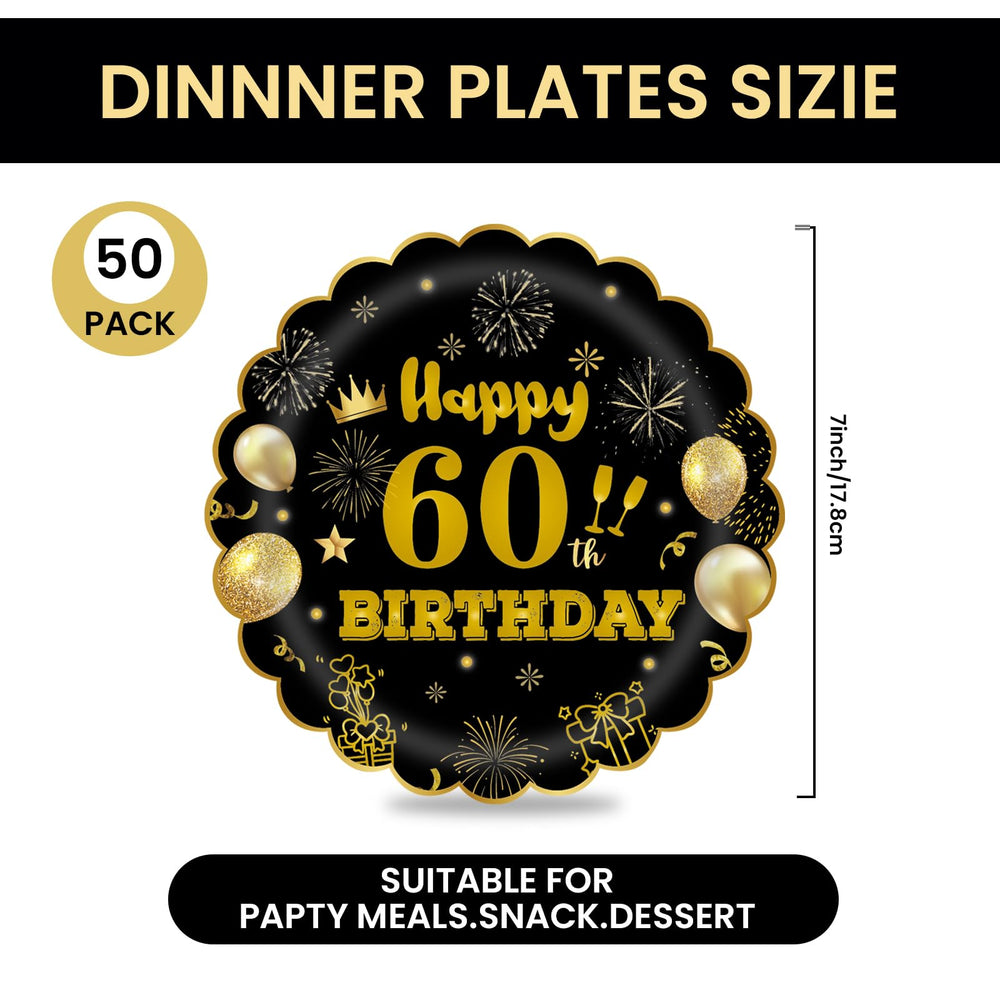 EVYIENEN 50Pcs 60th Birthday Party Paper Plates,7inch Disposable Black and Gold Scalloped Dessert Party Plates for Birthday Wedding Anniversary Reception Event Decorations — image 2