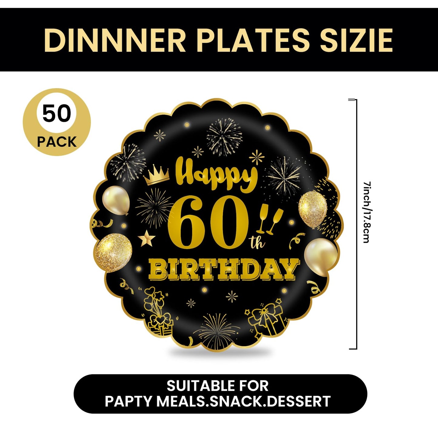 EVYIENEN 50Pcs 60th Birthday Party Paper Plates,7inch Disposable Black and Gold Scalloped Dessert Party Plates for Birthday Wedding Anniversary Reception Event Decorations