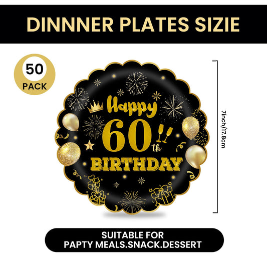 EVYIENEN 50Pcs 60th Birthday Party Paper Plates,7inch Disposable Black and Gold Scalloped Dessert Party Plates for Birthday Wedding Anniversary Reception Event Decorations
