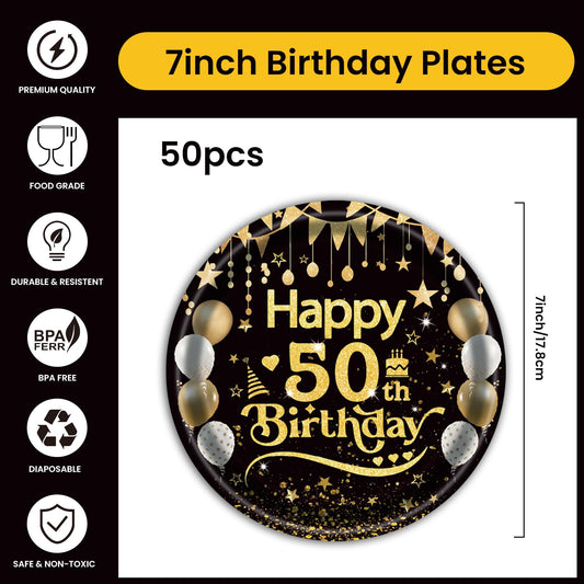 EVYIENEN 50Pcs 50th Birthday Party Paper Plates,7inch Disposable Black and Gold Dessert Party Plates Party Decorations for Men Woman 50th Happy Birthday Wedding Party Supplies