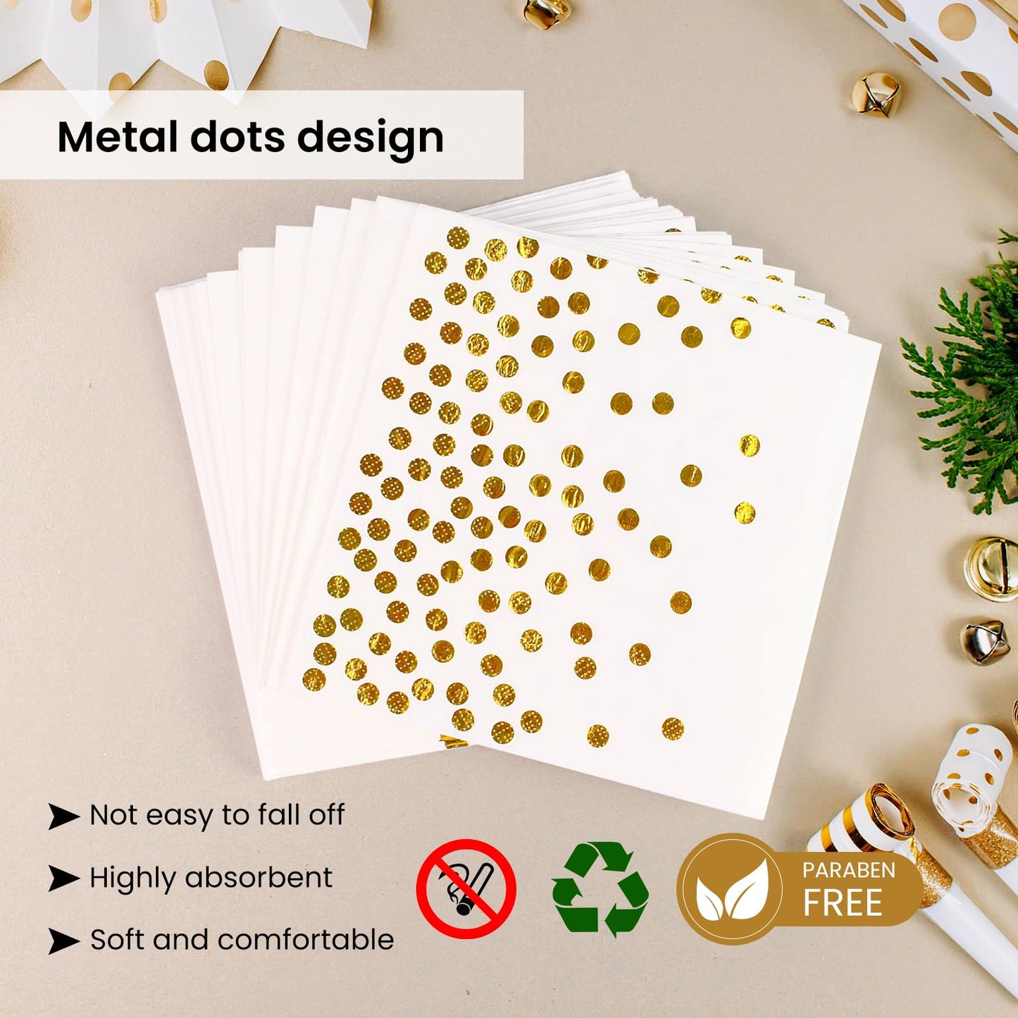 50Pcs White and Gold Dinner Plates and Napkins, 9 Inch Gold Foil Dot Dessert Plates with Napkins for Birthdays, Weddings and New Year, Serves 25