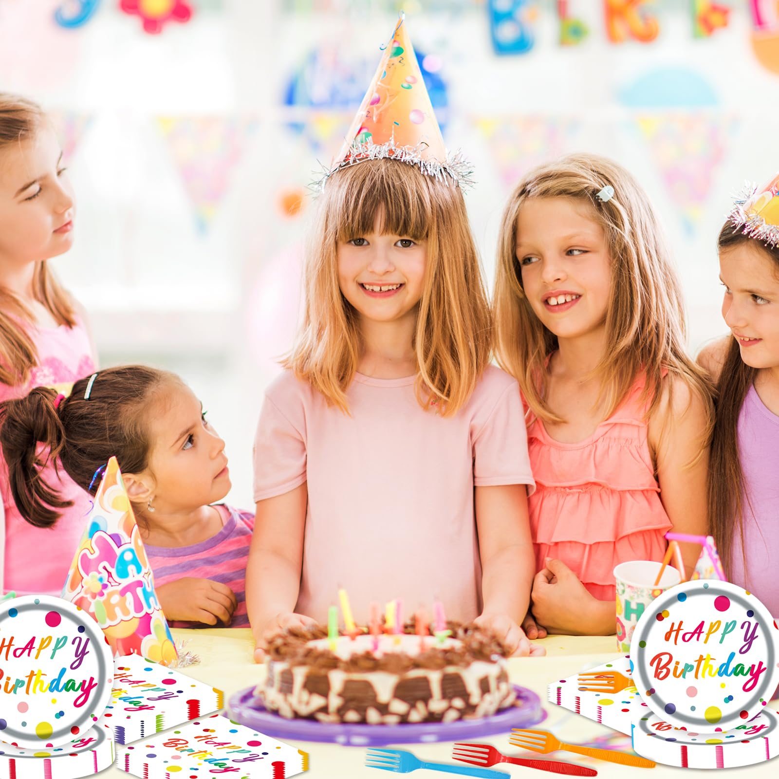 75Pcs Happy Birthday Dots Plates and Napkins Party Supplies,7 Inch Dots Paper Plates and 6.5 Inch Napkins with 6.3 Inch Forks Disposable Tableware Set for Birthday Party Decorations,Serve 25