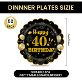 EVYIENEN 50Pcs 70th Birthday Party Paper Plates and Napkins,25 x 7inch Black and Gold Scalloped Dessert Plates Party and 25 x 6.5inch Cocktail Napkins for Birthday Wedding Anniversary Decorations