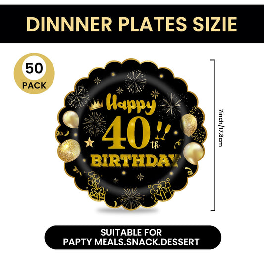 EVYIENEN 50Pcs 70th Birthday Party Paper Plates and Napkins,25 x 7inch Black and Gold Scalloped Dessert Plates Party and 25 x 6.5inch Cocktail Napkins for Birthday Wedding Anniversary Decorations