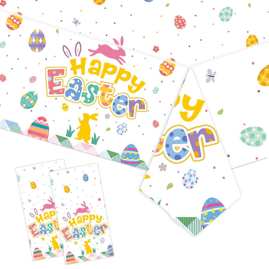 EVYIENEN 2Pack Happy Easter Plastic Tablecloth - 108 x 54 Inch Colorful Bunny Eggs Table Cloth Disposable Rectangle Spring Table Cover for Easter Birthday Party Decorations