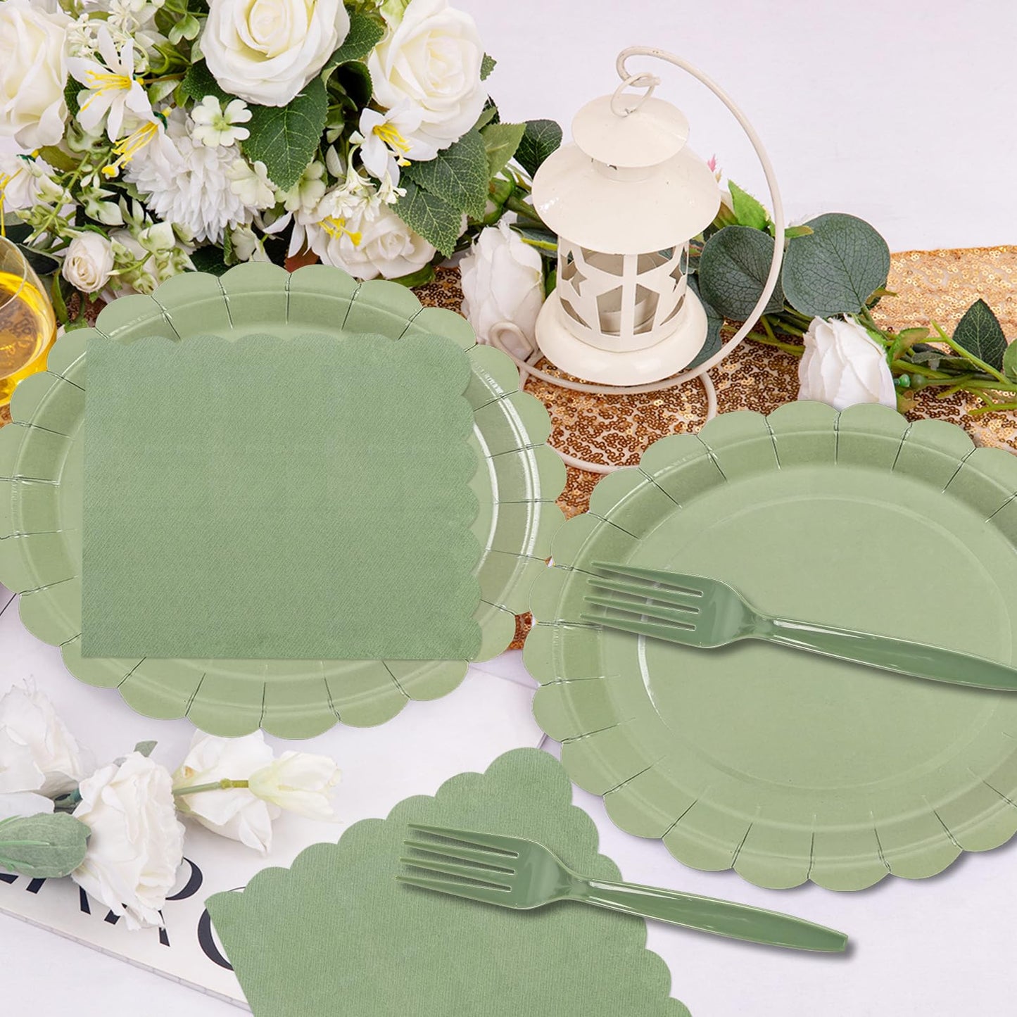 150Pcs Sage Green Paper Plates and Napkins,50 Sage Green Guest Scalloped Paper Tableware Forks Disposable Dinnerwaret Kit for Baby Shower Bridal Wedding Birthday Party New Year Decorations (9inch)