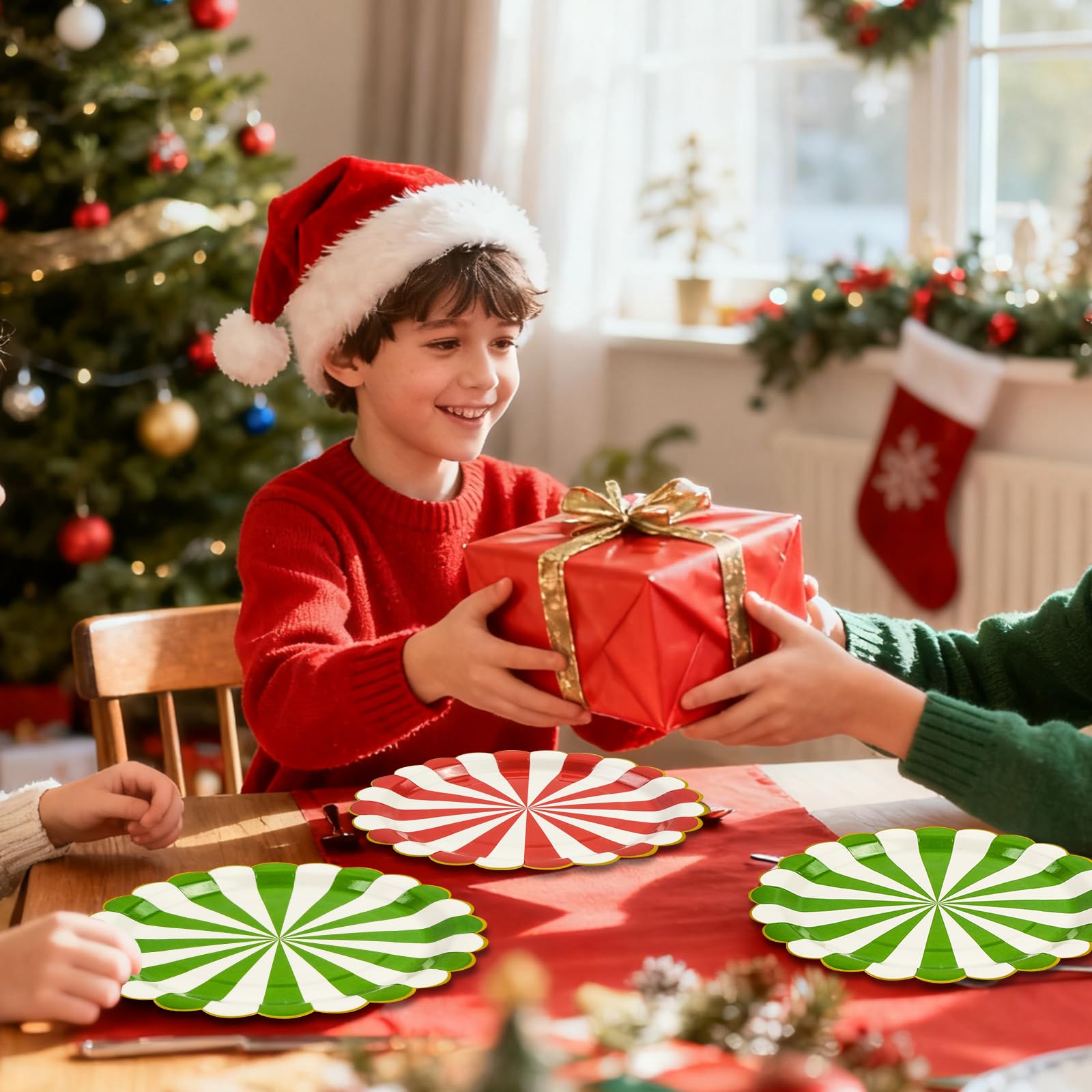 EVYIENEN 60Pcs Christmas Candy Paper Plates,7 Inch Red White and Green Striped Disposable Dinner Dessert Cake Plates Dinnerware for Christmas New Year Holiday Supplies Decorations