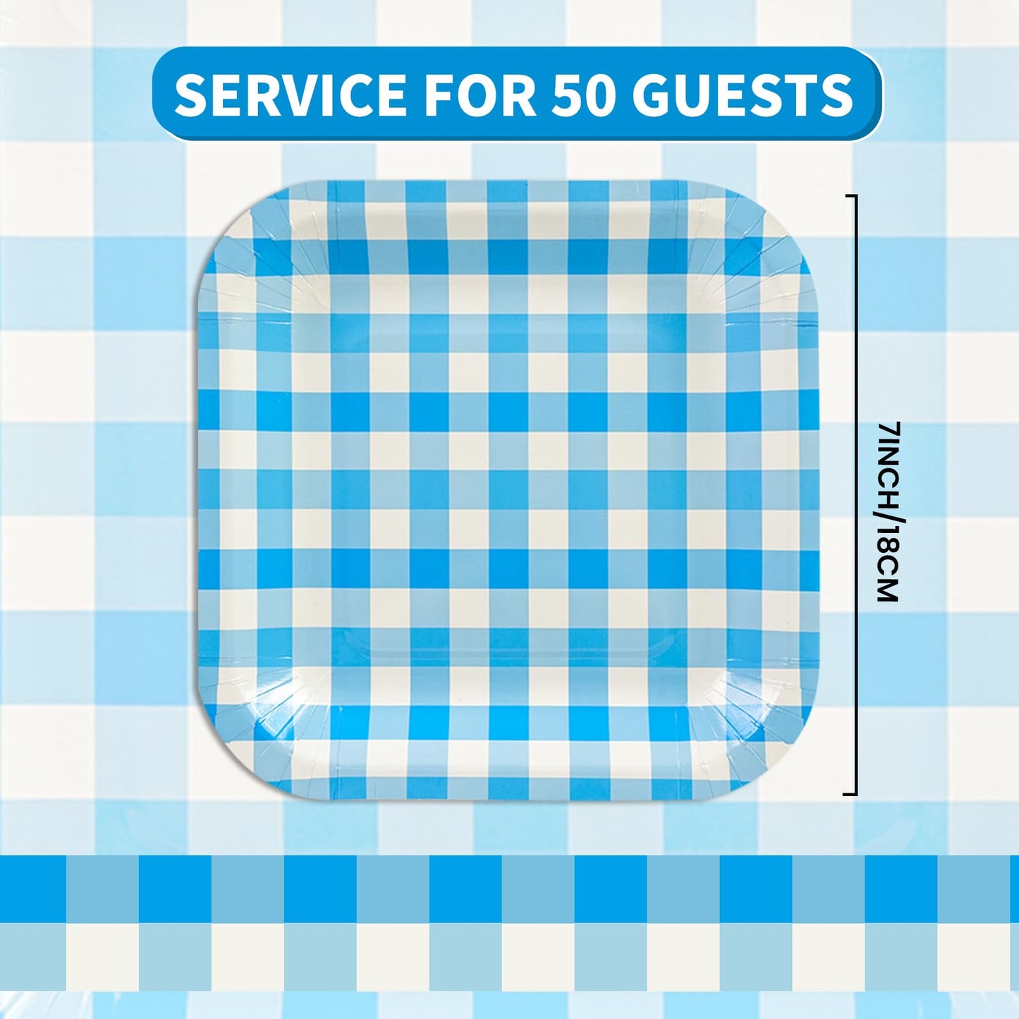 50PCS Red Gingham Square Paper Plates, 7-Inch Scalloped Edge Dessert Plates for Birthdays, Weddings & Baby Showers