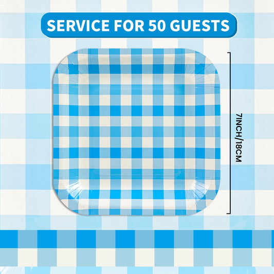 50PCS Red Gingham Square Paper Plates, 7-Inch Scalloped Edge Dessert Plates for Birthdays, Weddings & Baby Showers