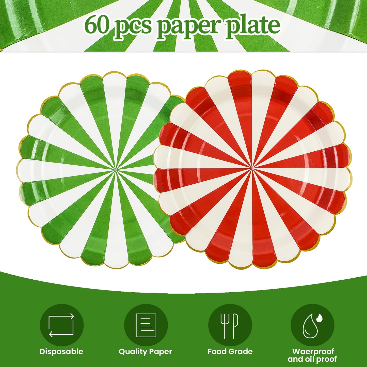 EVYIENEN 60Pcs Christmas Candy Paper Plates,7 Inch Red White and Green Striped Disposable Dinner Dessert Cake Plates Dinnerware for Christmas New Year Holiday Supplies Decorations