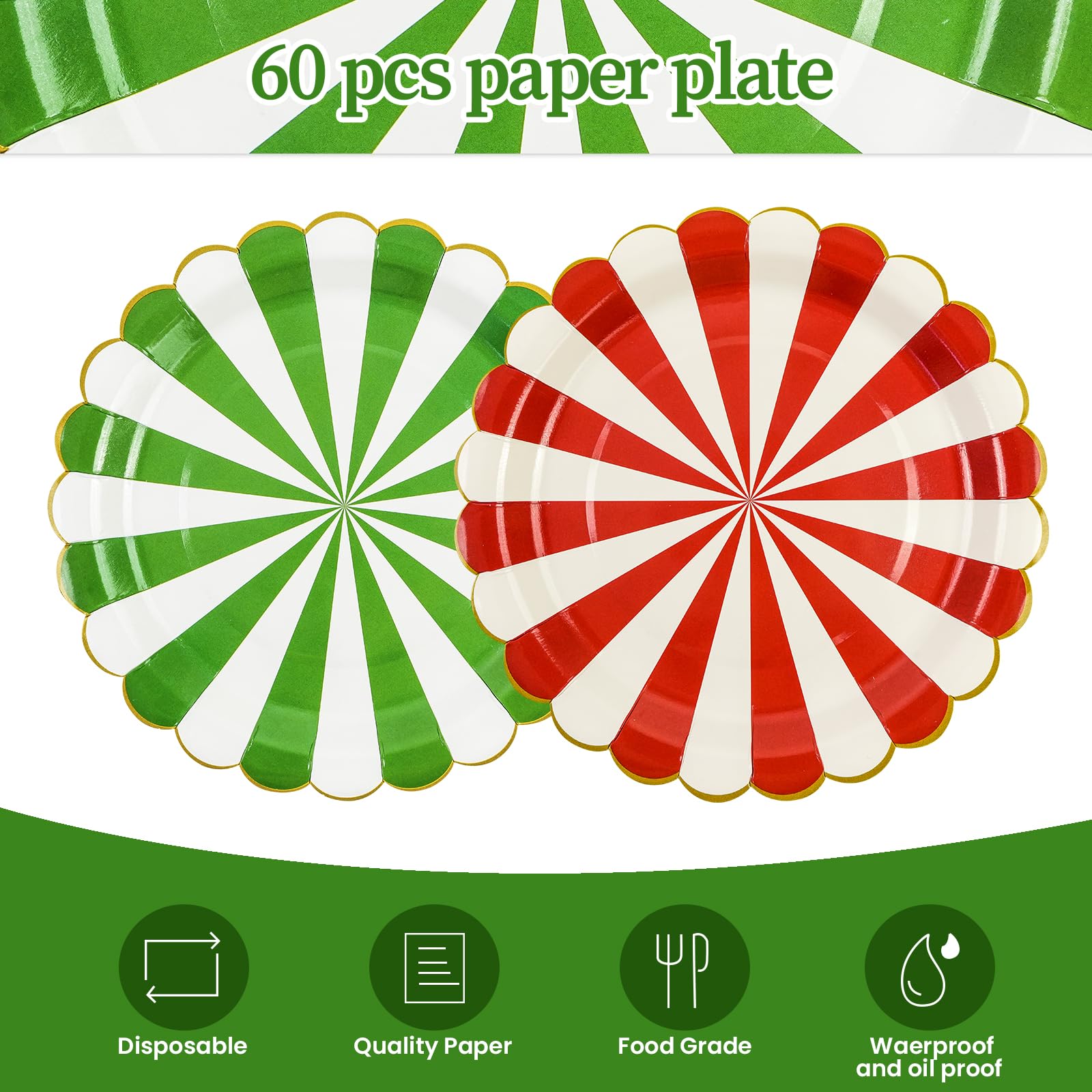 EVYIENEN 60Pcs Christmas Candy Paper Plates,7 Inch Red White and Green Striped Disposable Dinner Dessert Cake Plates Dinnerware for Christmas New Year Holiday Supplies Decorations