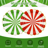 EVYIENEN 60Pcs Christmas Candy Paper Plates,7 Inch Red White and Green Striped Disposable Dinner Dessert Cake Plates Dinnerware for Christmas New Year Holiday Supplies Decorations