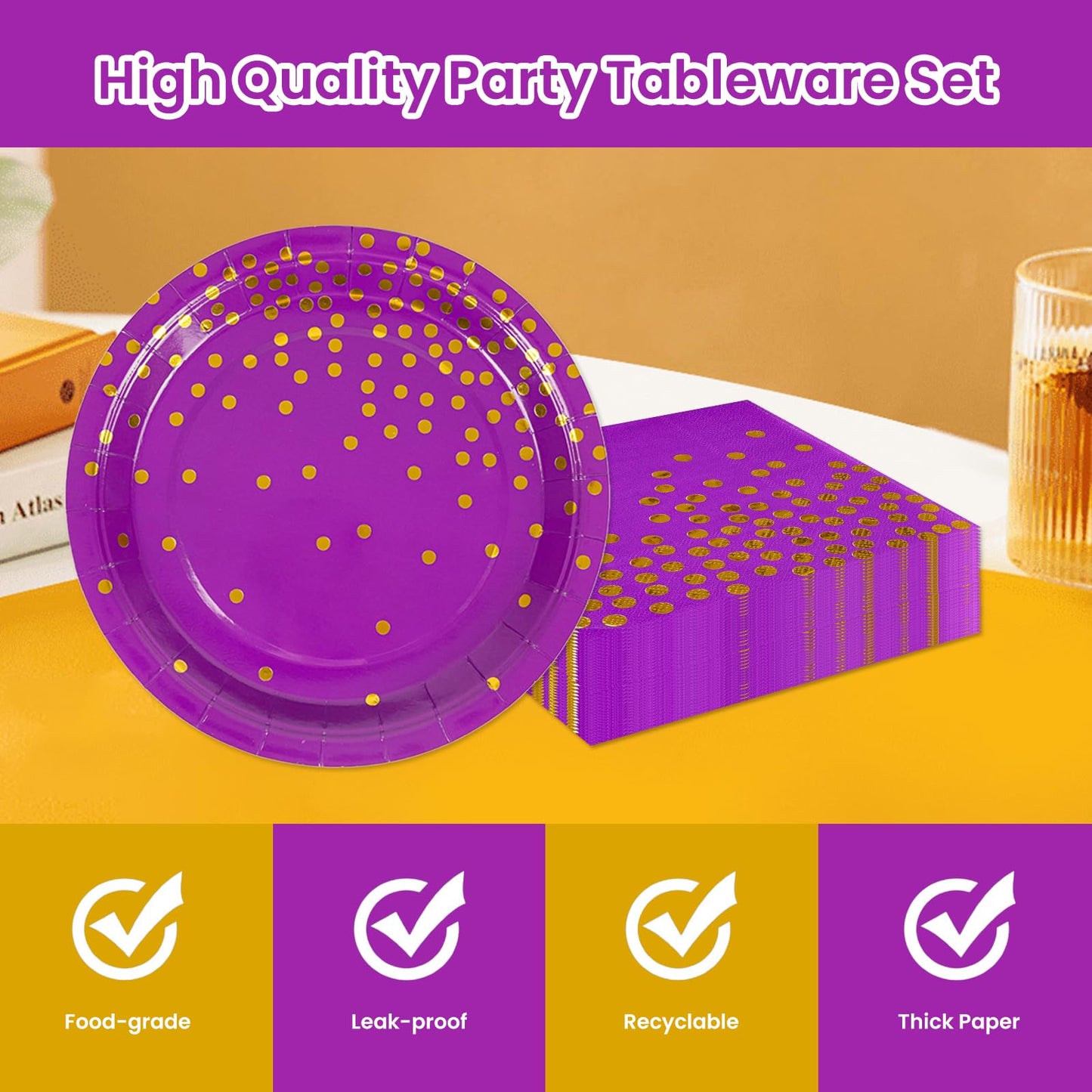 50PCS Purple and Gold Foil Dessert Plates and Napkins Set – 25x 7" Plates, 25x 6.5" Napkins for Birthdays, Weddings & Graduations