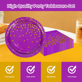 50PCS Purple and Gold Foil Dessert Plates and Napkins Set – 25x 7" Plates, 25x 6.5" Napkins for Birthdays, Weddings & Graduations