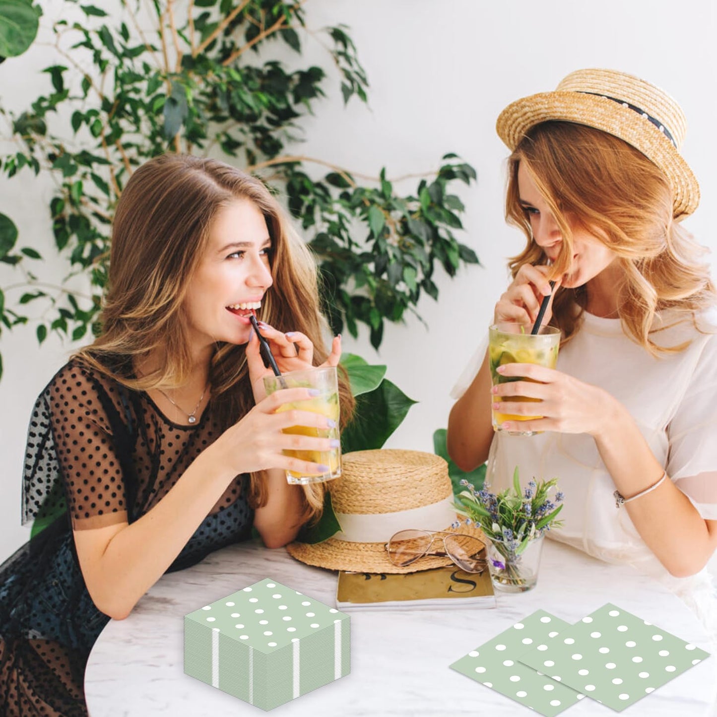 50pcs White Polka Dot Sage Green Napkins, Disposable 2-Ply Cocktail & Happy Birthday Napkins, Polka Dot Party Decorations for Wedding Baby Shower Birthday Bridal Party