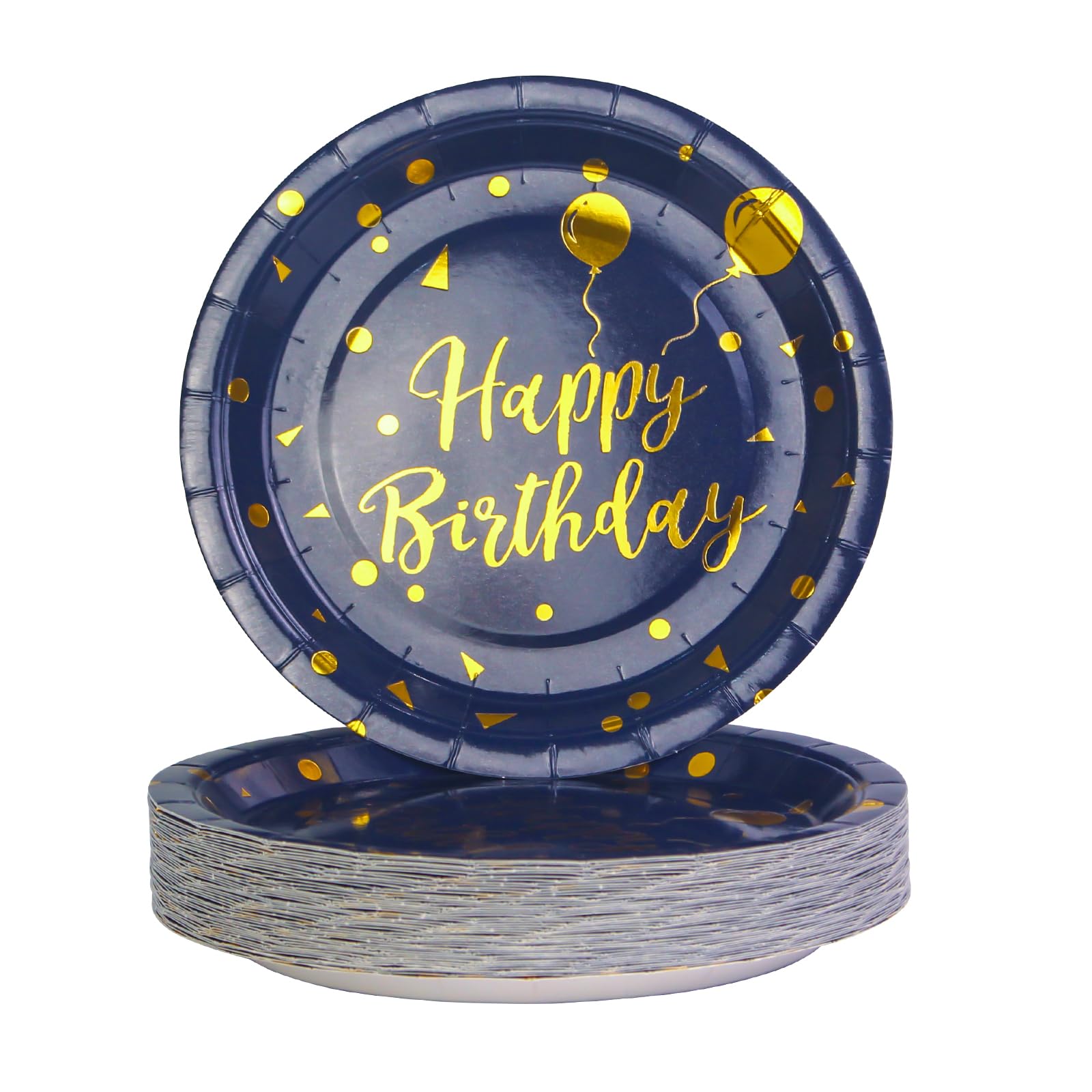 EVYIENEN 50 Pack Disposable Paper Plates 7 inch Dark Blue Gold Happy Birthday Metallic Foil Polka Dots Dessert Party Plates for Graduation Birthday Cocktail Party Weddings Holiday Christmas