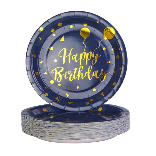EVYIENEN 50 Pack Disposable Paper Plates 7 inch Dark Blue Gold Happy Birthday Metallic Foil Polka Dots Dessert Party Plates for Graduation Birthday Cocktail Party Weddings Holiday Christmas