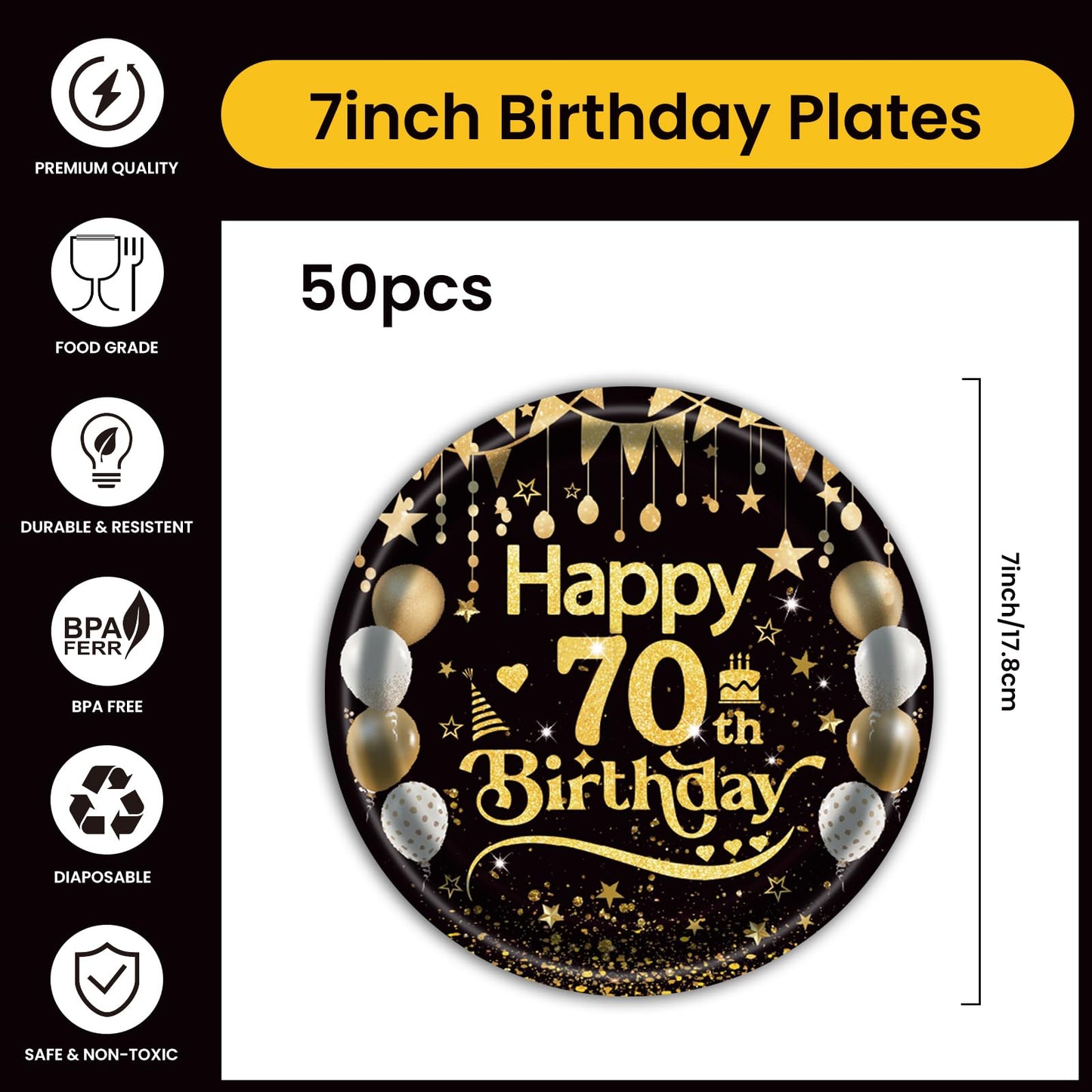 EVYIENEN 50Pcs 70th Birthday Party Paper Plates,7inch Disposable Black and Gold Dessert Party Plates Party Decorations for Men Woman 70th Happy Birthday Wedding Party Supplies