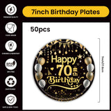 EVYIENEN 50Pcs 70th Birthday Party Paper Plates,7inch Disposable Black and Gold Dessert Party Plates Party Decorations for Men Woman 70th Happy Birthday Wedding Party Supplies