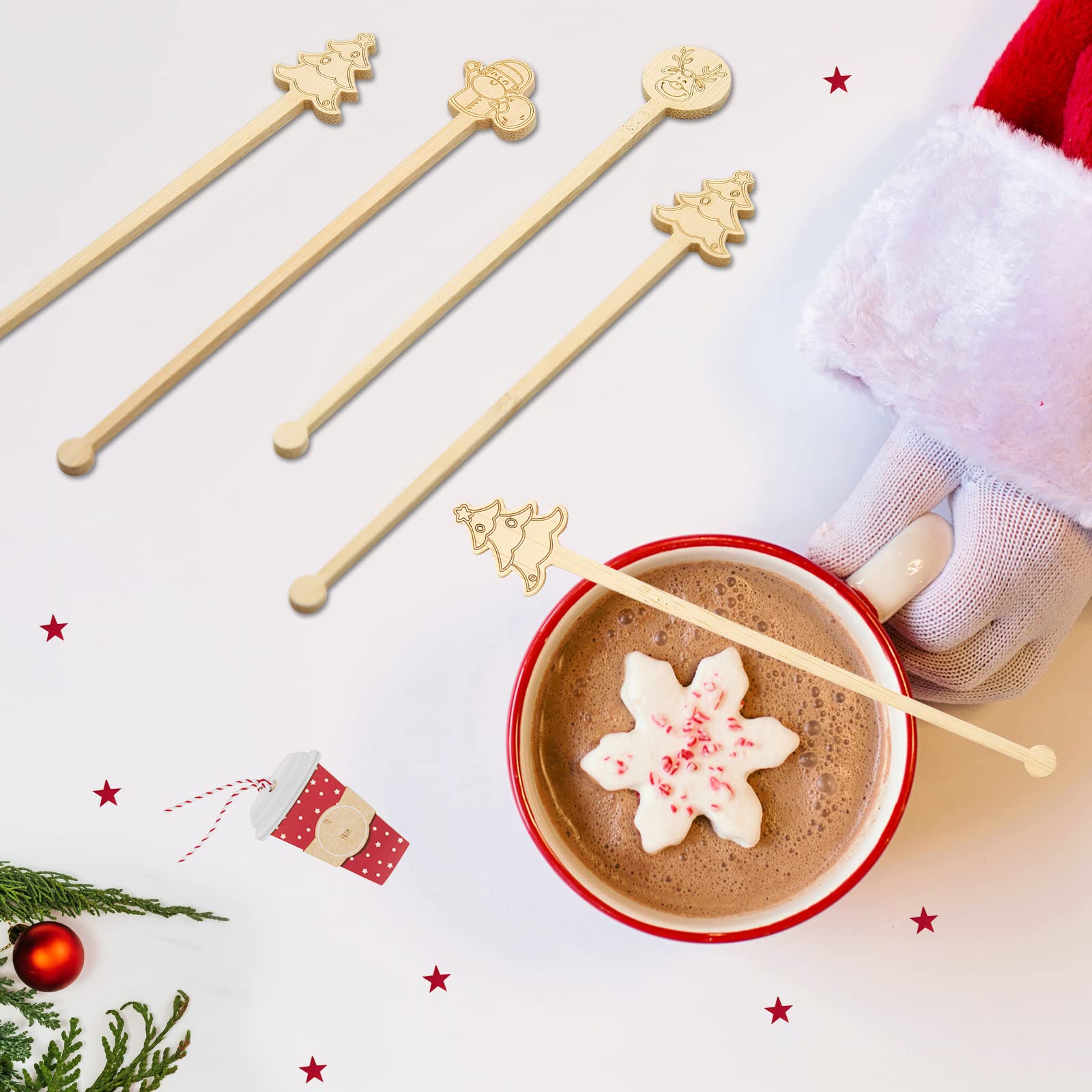 60Pcs Bamboo Coffee Stirrers, 6.9 Inch Biodegradable Christmas Drink Stirrers for Office, Lounge and Holiday Beverages