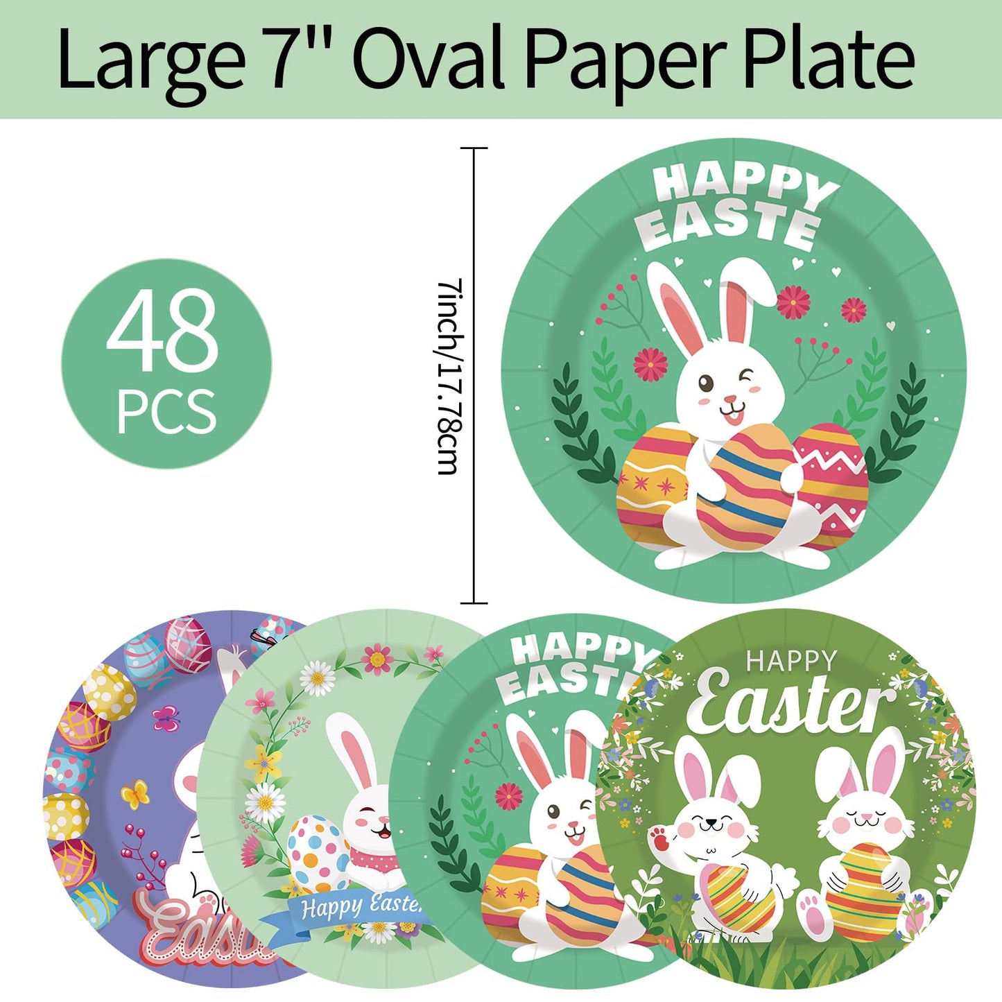 EVYIENEN 48 pcs Happy Easter Paper Plates,7Inch Dessert Plates Decorative Spring Bunny Egg Dinnerware Tableware for Easter Kids Adult Party Supplies Decorations(4 Designs)