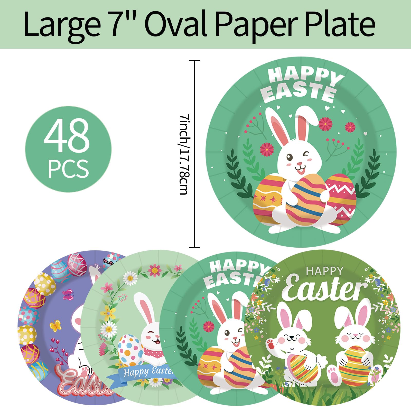 EVYIENEN 48 pcs Happy Easter Paper Plates,7Inch Dessert Plates Decorative Spring Bunny Egg Dinnerware Tableware for Easter Kids Adult Party Supplies Decorations(4 Designs)